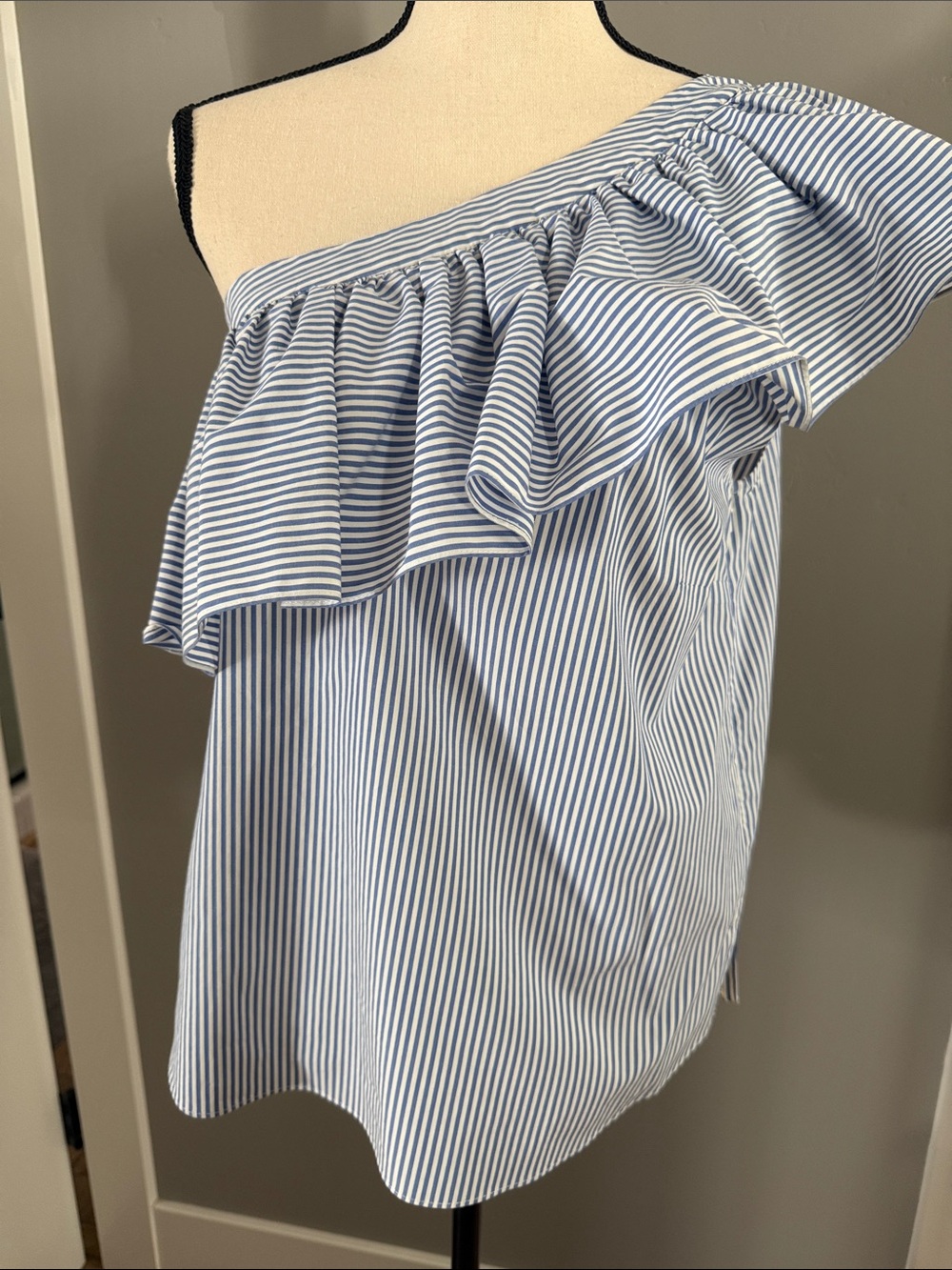 Blue Striped One-Shoulder Ruffle Shirt